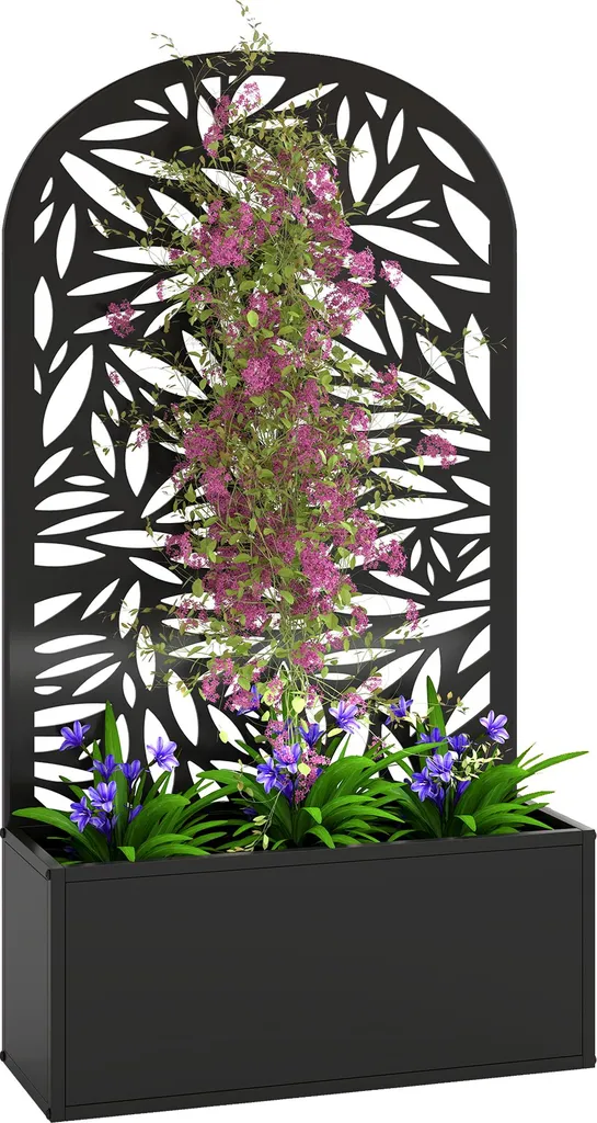 Séparation de balcon avec jardinière et panneau brise-vue incurvé en métal