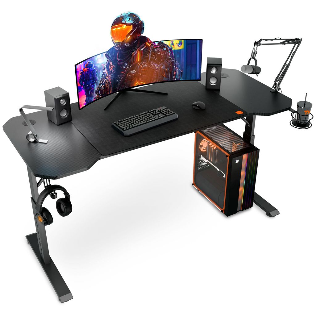 TX-ESPORTS Gaming Tisch 140x60cm höhenverstellbar 6 Stufen STRATOS | Mauspad 80x55cm, Headset- & Becherhalter, Kabeldurchlass | Schreibtisch bis 1...