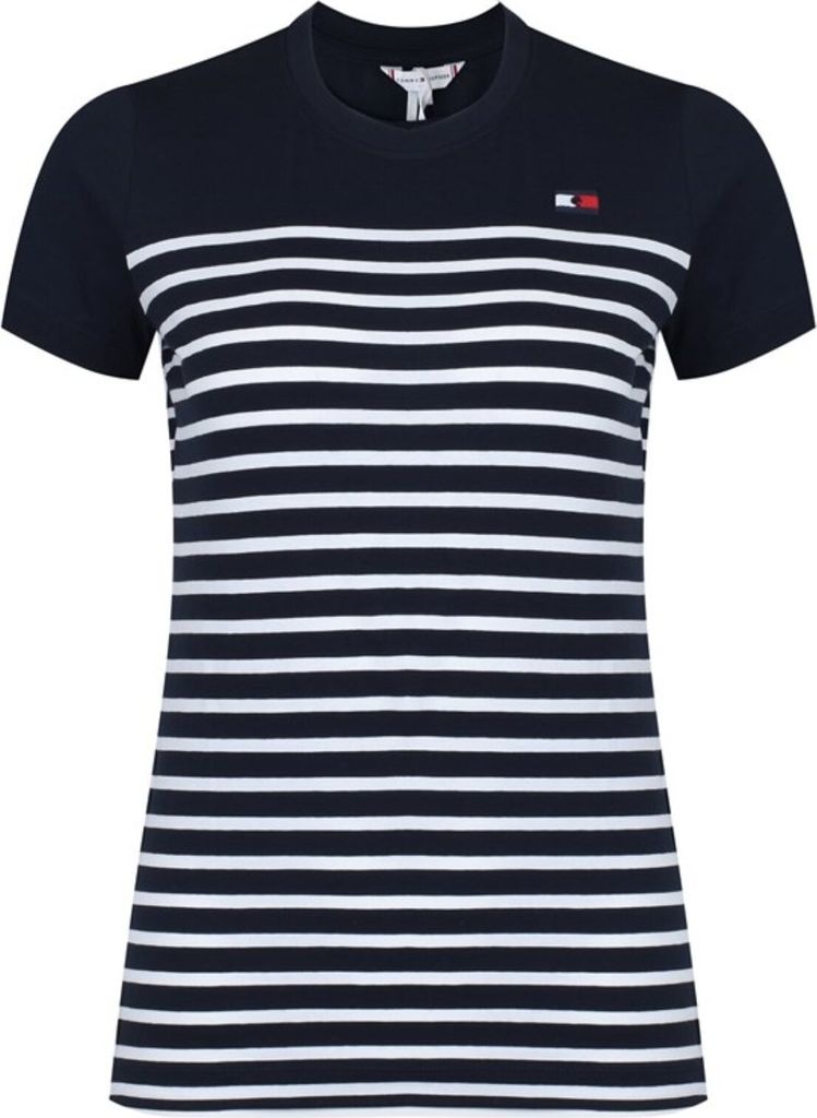 Tommy Hilfiger Equestrian Partial Ribbed T-Shirt Style kurzarm Damen Desert Sky FS/22, Größe:L