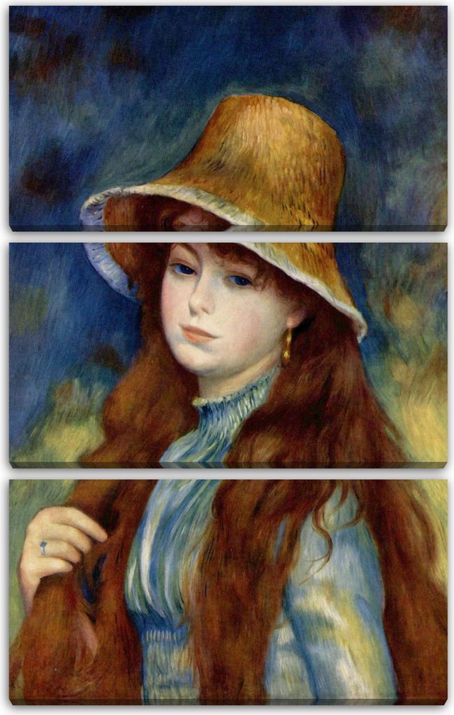 Leinwandbild 3-teilig (80x120cm): Pierre-Auguste Renoir - Mädchen mit Strohhut, echter Holz-Keilrahmen inkl. Aufhänger, handgefertigt in Deutschland