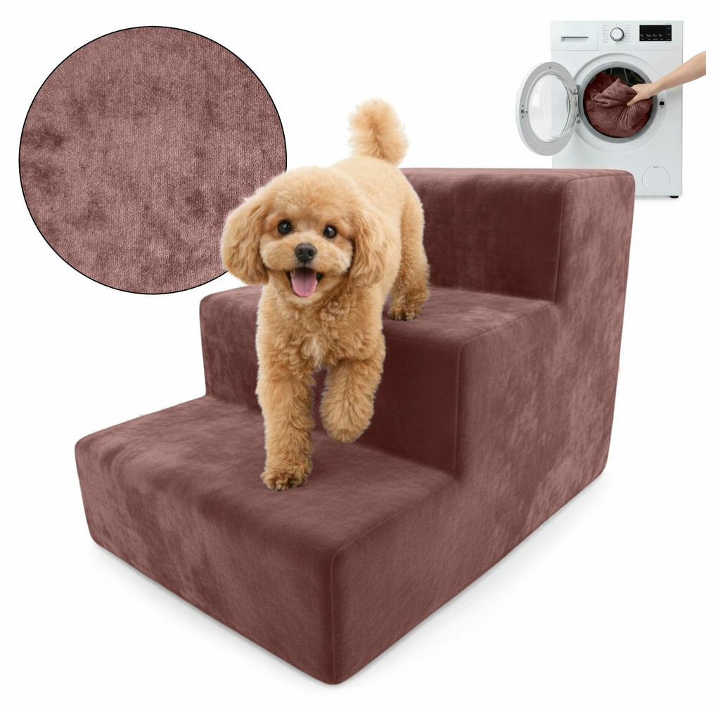 Muralo Treppe für Hund und Katze Rampe HUNDETREPPE Treppe für Haustiere 3 Stufen Altrosa Magic Velvet Stoff