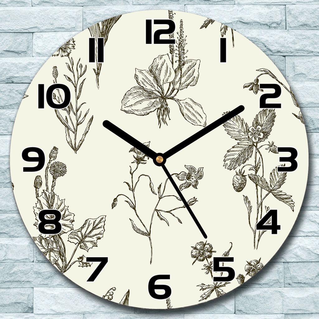 Wanduhr aus Glas Rund fi 30 Skizziert Wildblumen Quarz Deko Schlafzimmer Büro