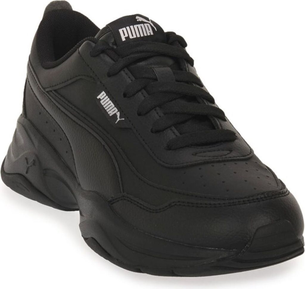 A black Puma sneaker is shown from a slightly elevated side angle against a white background.