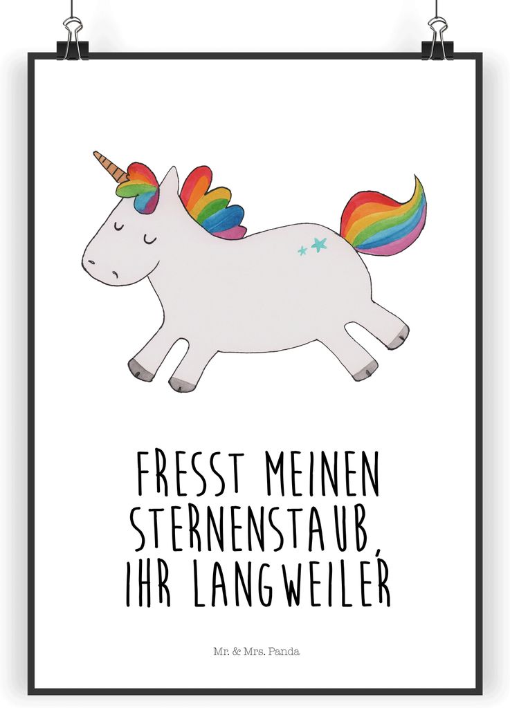 Mr. & Mrs. Panda Bild Einhorn Happy DIN A3 - Weiß - Geschenk, drucke, Einhörner, Fröhlich, Lebensfreude, Unicorn, Deko, Kunstdruck, typografie p...