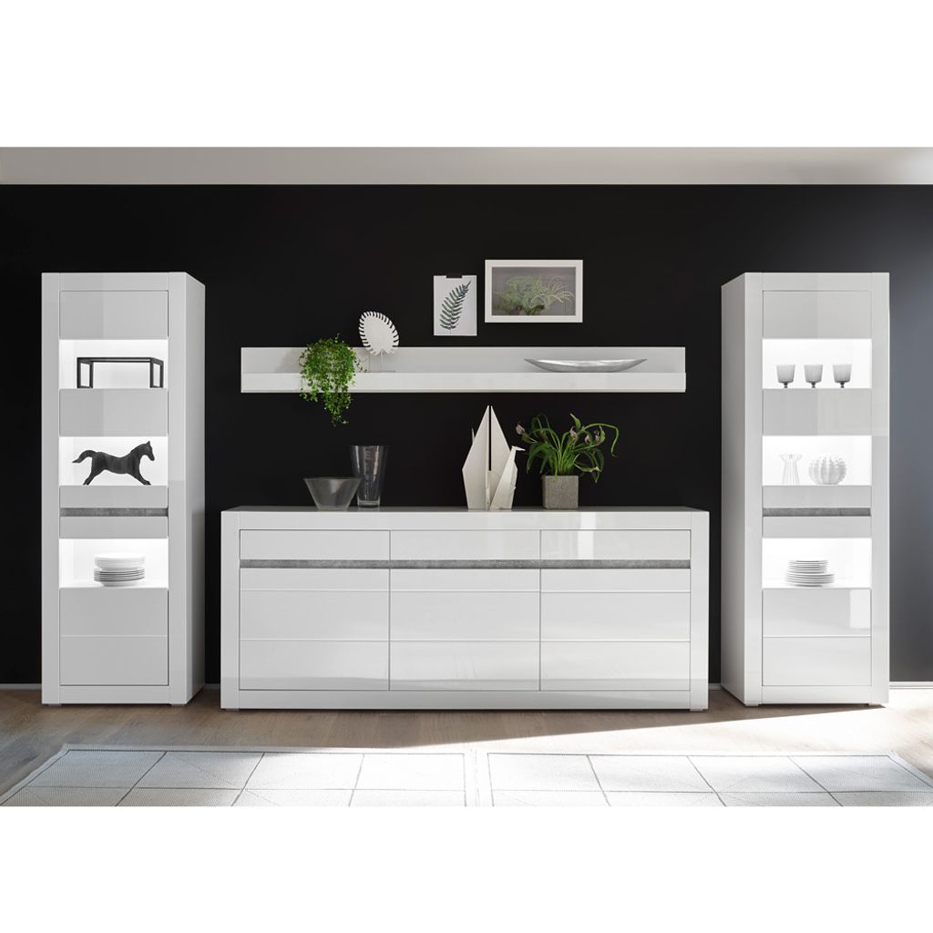 Wohnwand-Set mit Vitrinen inkl. LED und Sideboard in weiß Hochglanz COGO-61 BxHxT: 369x198x42cm