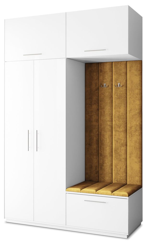 Masseno Garderobe-Set REMA 150/240/60 cm Modern Garderobenschrank Weiß, Veloursstoff MONOLITH 48 (Gelb)