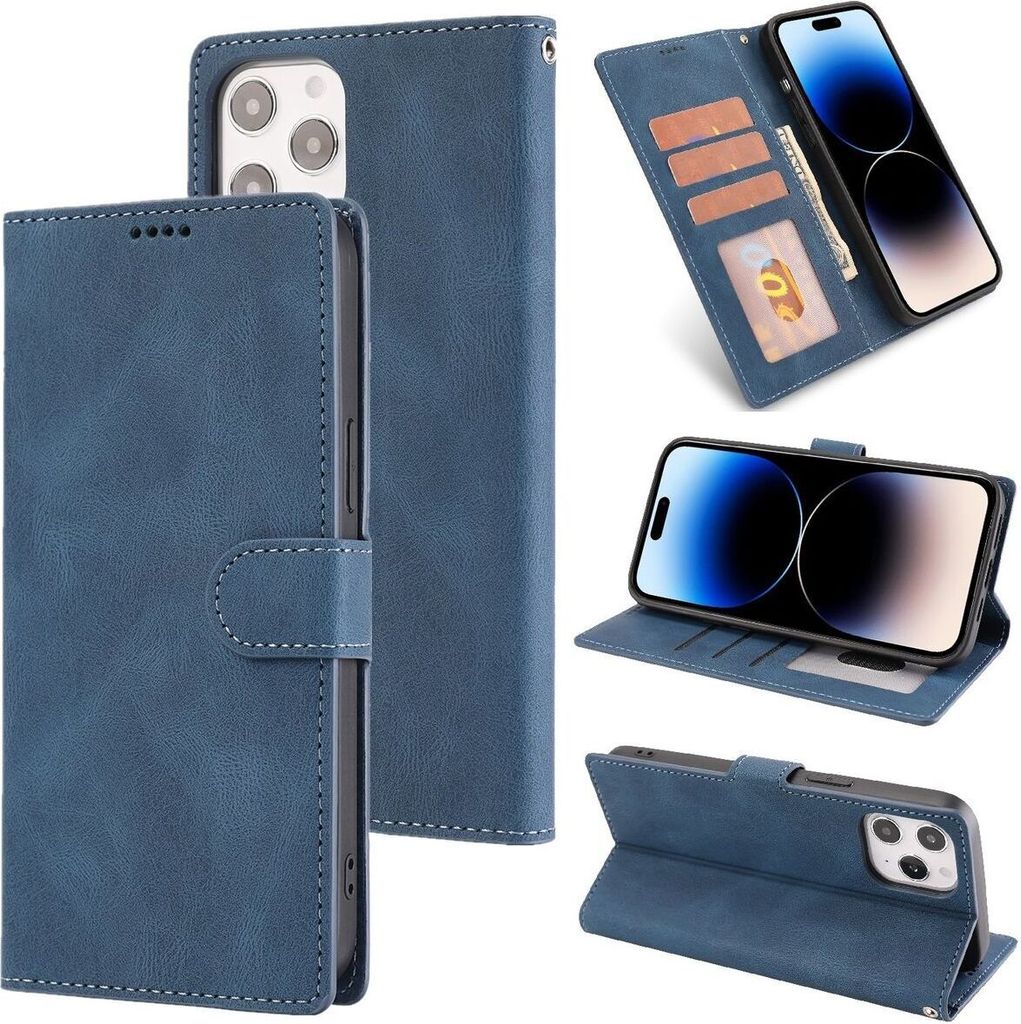 König Design Hülle kompatibel mit Apple iPhone 14 Pro Kunstleder Handyhülle - Handy Case Blau