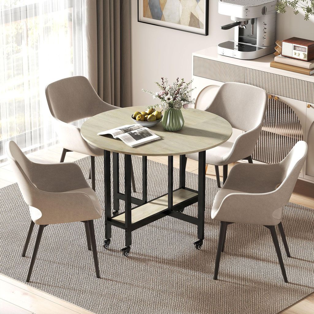 Klapptisch fahrbar mit offenem Regal, Esstisch klappbar 2-4 Personen Spanplatte Stahl, Naturholz | 100x100x75 cm | 6 Rollen 4 Bremsen | 17 kg
