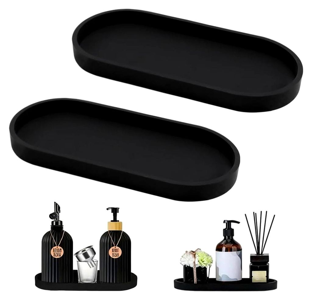 2 Stück Schwarze Silikonablagen 25 x 11 x 2 cm Deko Tablett Schwarz Silikon Ablageschale für Schlafzimmer, Waschbecken, Badewanne