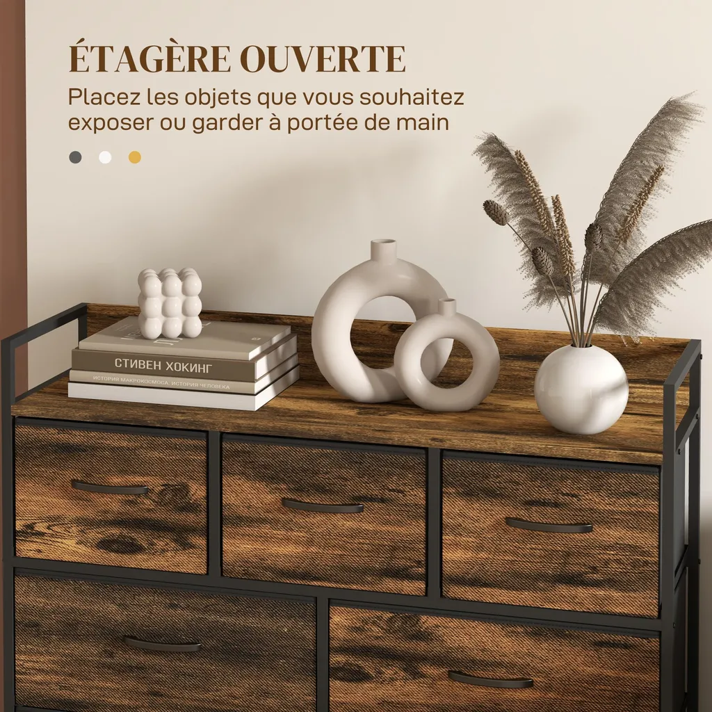 Commode en tissu pliant avec structure acier noir et bois rustique