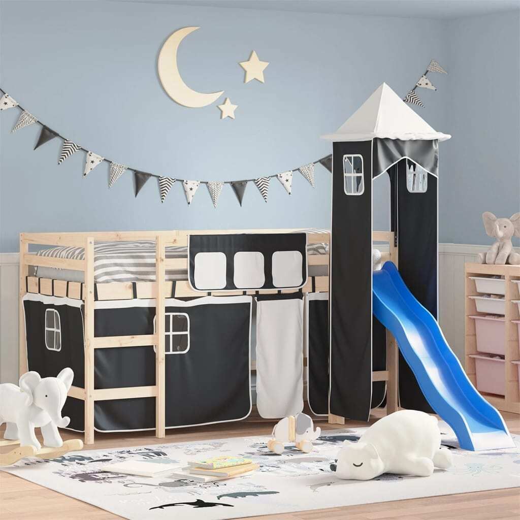 (Robust Möbel)Vorhänge für Hochbett - elegantes Design - mit Turm Weiß und Schwarz Polyester DE531686 - Kinderbetten