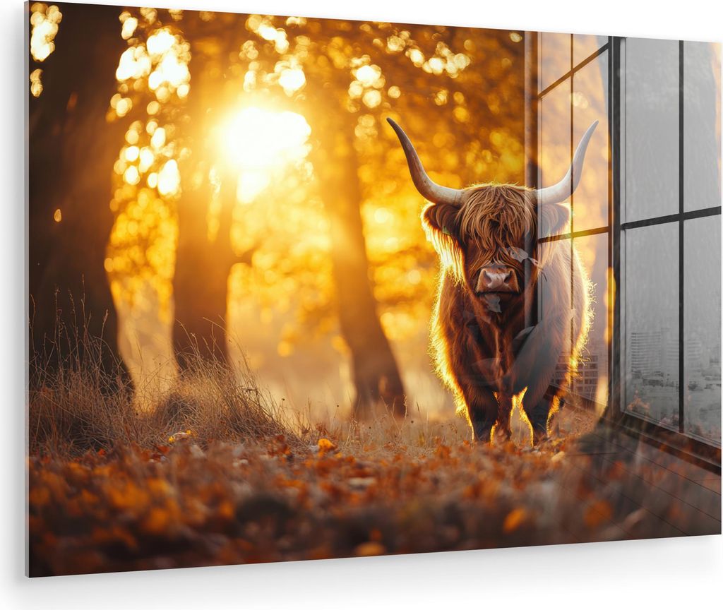 MuchoWow Glasbilder - Bilder auf Wandbild - Foto auf Glas Schottische Hochlandrind - Wald - Herbst - Tiere - Natur - Laub 30x20 cm Wanddekoration a...