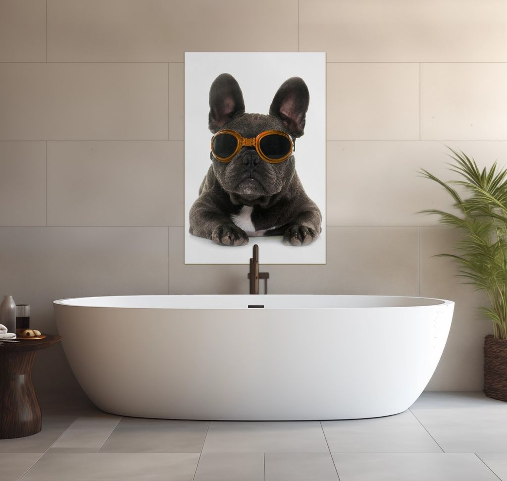 Wallario wasserfestes Poster selbstklebend 91,50 x 61 cm, Cooler Hund mit Sonnenbrille in orange - Französische Bulldogge, Badezimmerposter Spritz...