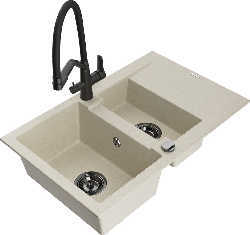 Mexen Gaspar 1,5-Becken-Granitspüle mit Abtropffläche und Mischbatterie Duo, Beige - 6507-69-671701-70-B