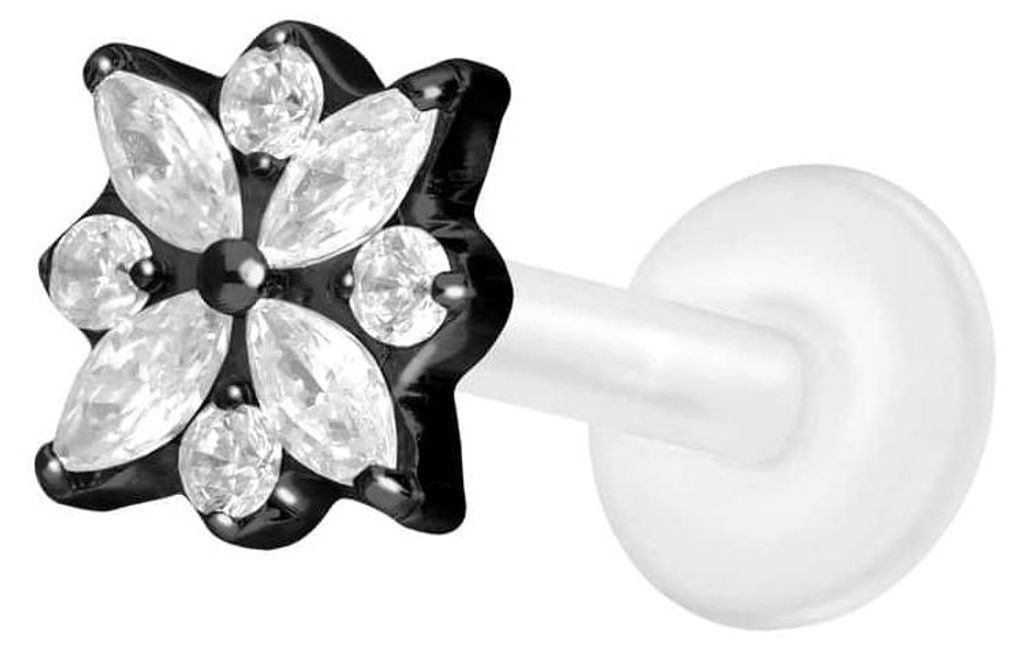Ohrpiercing, Nasenpiercing PTFE Labret mit Innengewinde + Titan-Aufsatz KRISTALLBLUME Schwarz Stablänge: 7mm | Stabstärke: 1,2mm