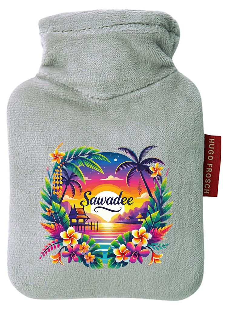 Huuraa Mini-Wärmflasche Sawadee thailändische Begrüßung 0,2 Liter Grey Mini Veloursbezug Taschenwärmer Geschenkidee
