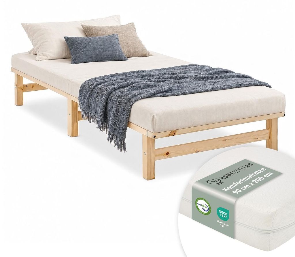 Homestyle4u Holzbett 90x200 mit Lattenrost mit Matratze mit Produktbild 
