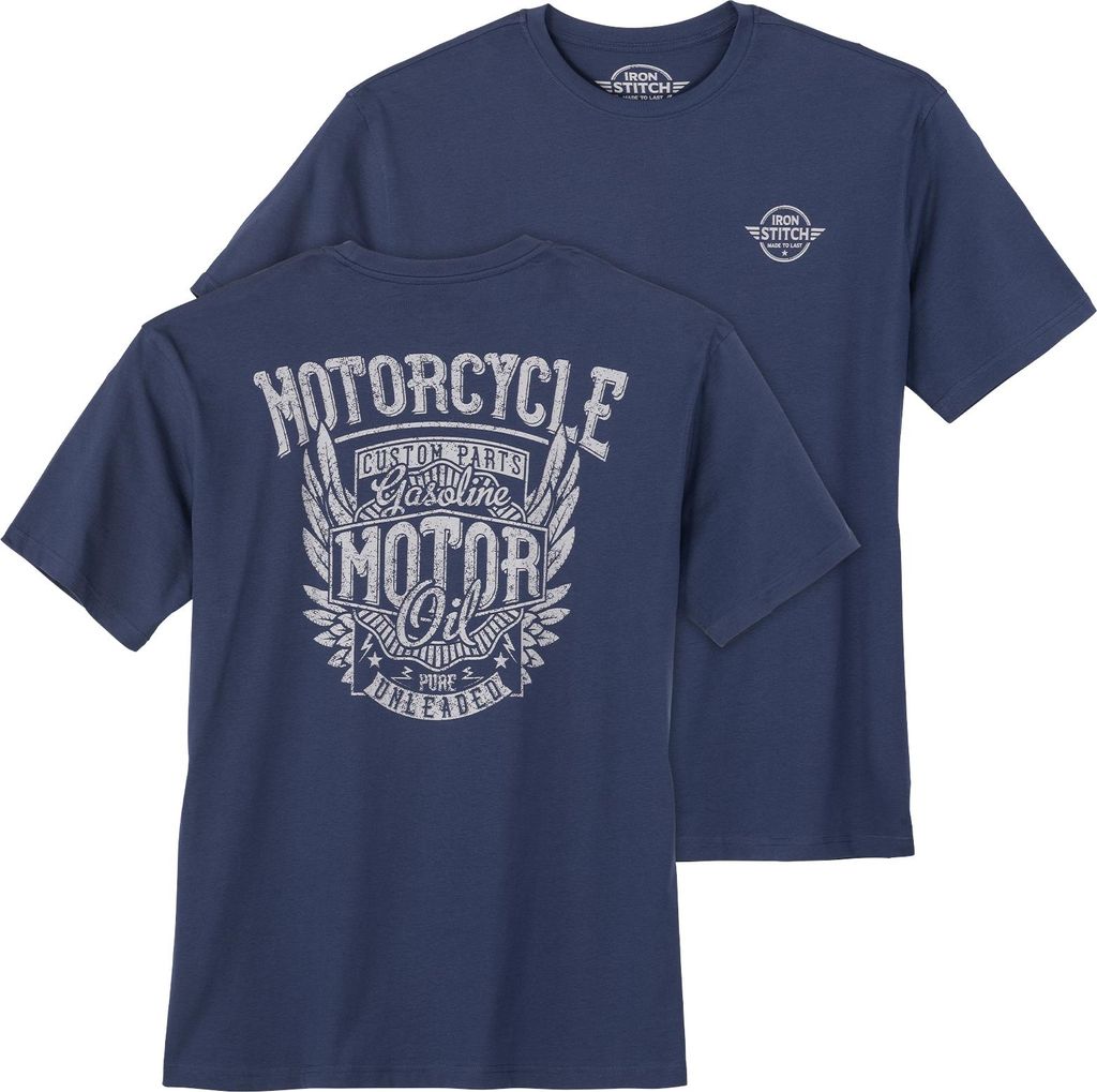 Iron Stitch Übergrößen T-Shirt denimblau Rückenprint