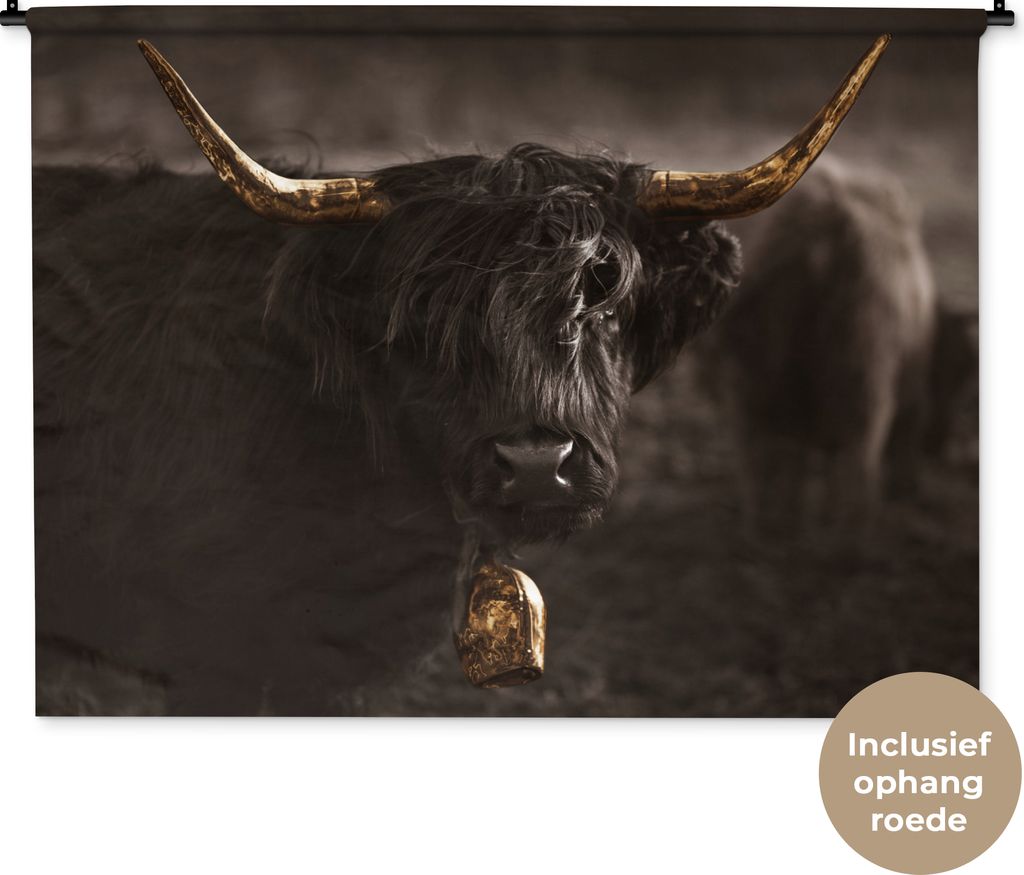 MuchoWow Wandteppich Wandbehang Schottisches Hochlandrind - Gold - Kuhglocke - Hörner - Tiere 120x90 cm Tapisserie Dekoration Wandtuch - Wohnen ...