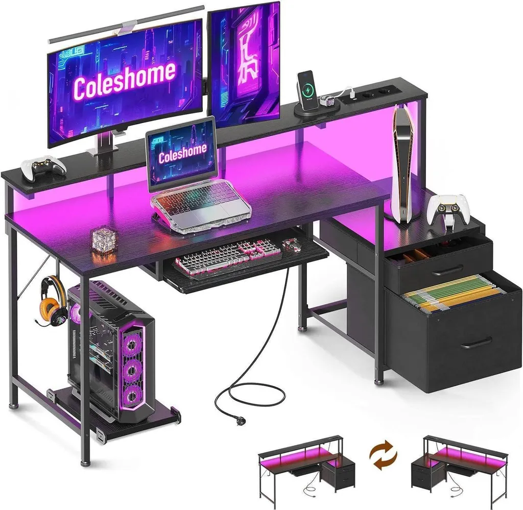 Bureau informatique noir avec tiroirs et support clavier coulissant