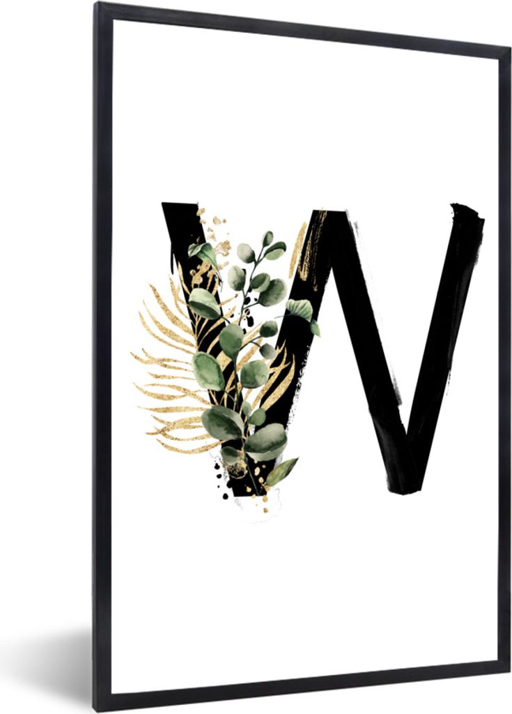 MuchoWow MuchoWow Gerahmtes Poster Blätter - Alphabet - Buchstabe W 60x90 cm - Poster mit zchwarzem Bilderrahmen - Kunst