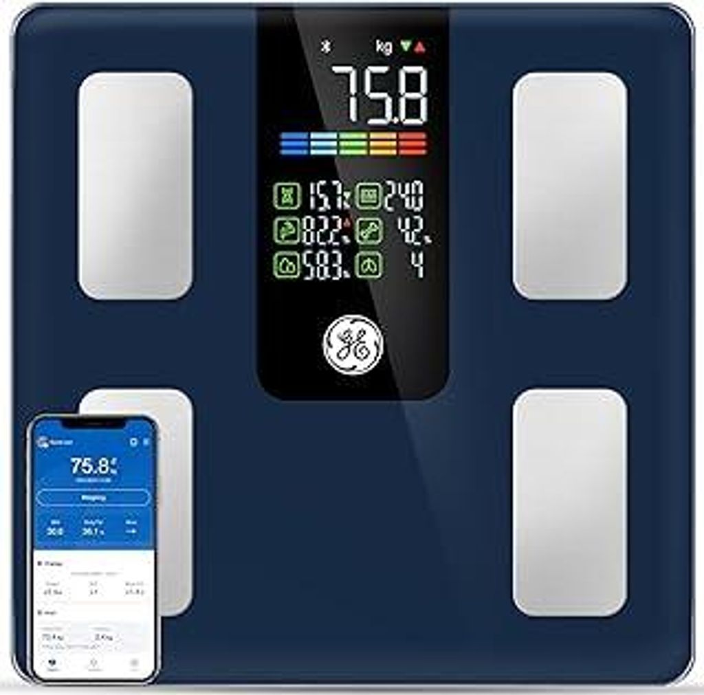 GE Körperfettwaage Digital Körperanalysewaage, Smarte Waage mit Körperfett und Muskelmasse bis 220 kg Großem LED Display Bluetooth Körperwaage...