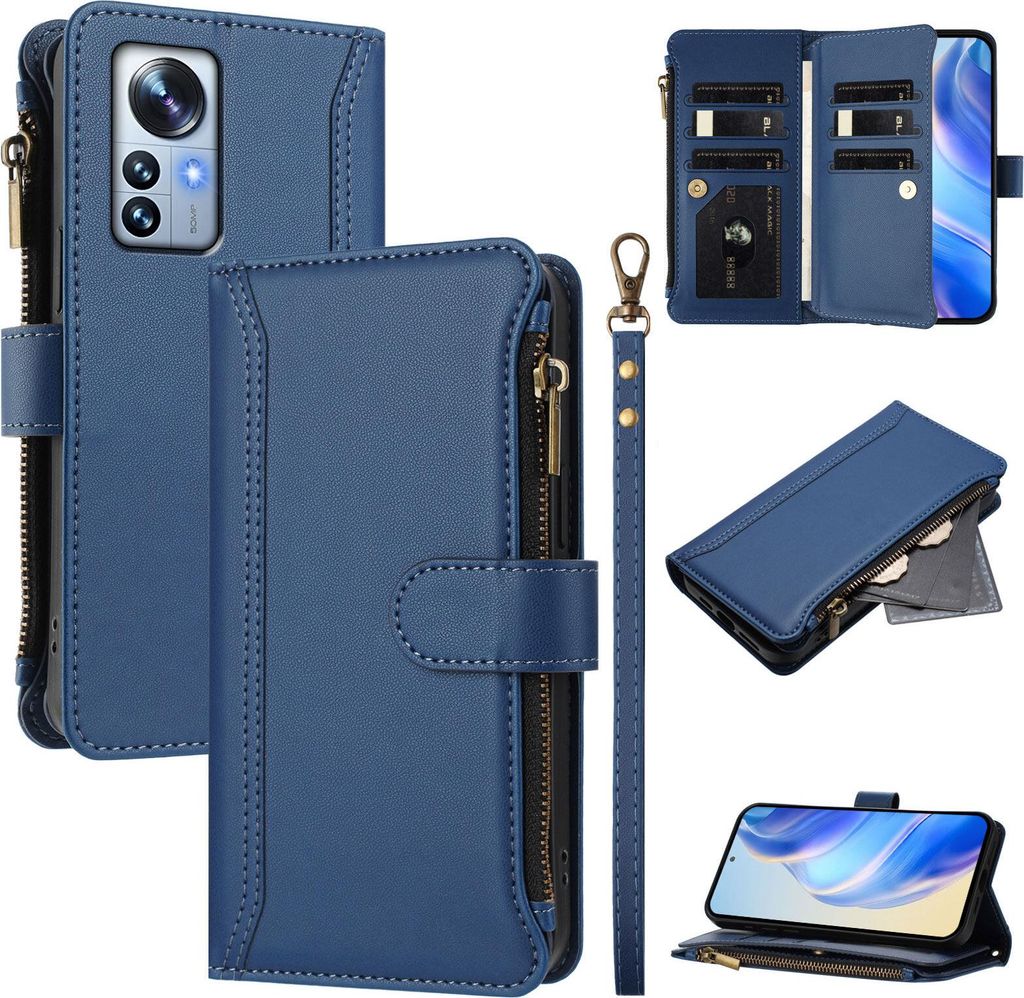 Handyhülle für Xiaomi 12 Pro/12S Pro Reißverschluss Geldbörse Kunstleder Klapphülle mit Kartensteckplatz, Ständer, Handschlaufe Dunkelblau