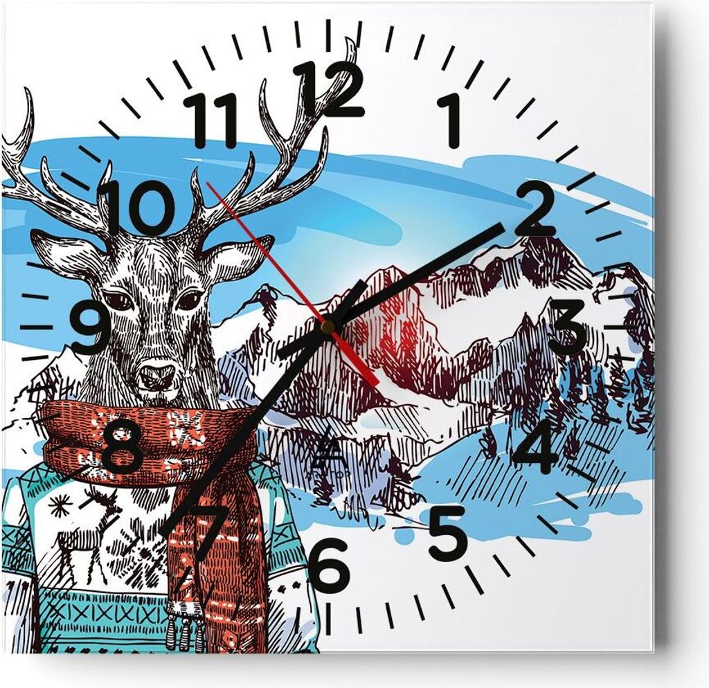 Wanduhr - Quadrat - Glasuhr - Deer Berg Kinder hipster - 40x40cm - Schleichendes Uhrwerk - Lautlos - zum Aufhängen bereit - Dekoration Modern - Wa...