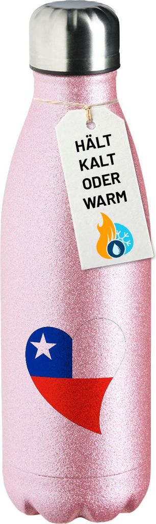 Huuraa Trinkflasche Chile Flagge Herz 500ml Pink Edelstahl Wasserflasche Trinkflasche Geschenkidee