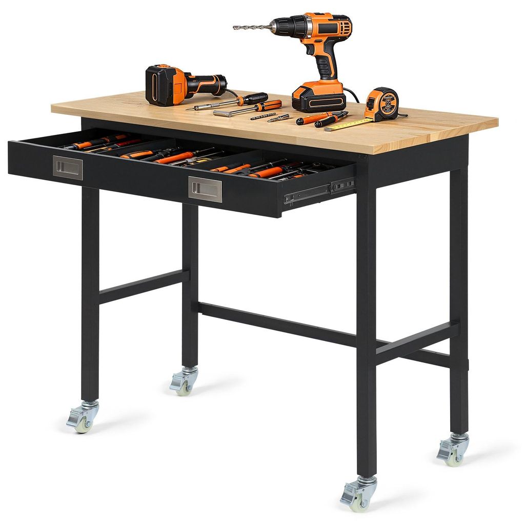 Werkbank - Werkstatt- & Werkzeugtisch mit Schubladen und Rollen - Belastbarkeit 680 kg - Arbeitsfläche 122 x 61 cm