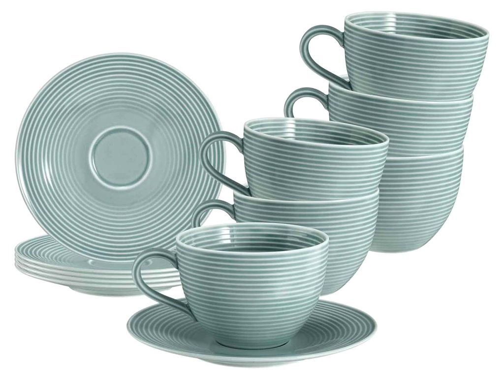 Cappuccino-Set 12-teilig in Trendfarben – Modernes Porzellan mit Rillenrelief, 6 Milchkaffeetassen und Untertassen, spülmaschinen- und mikrowell...