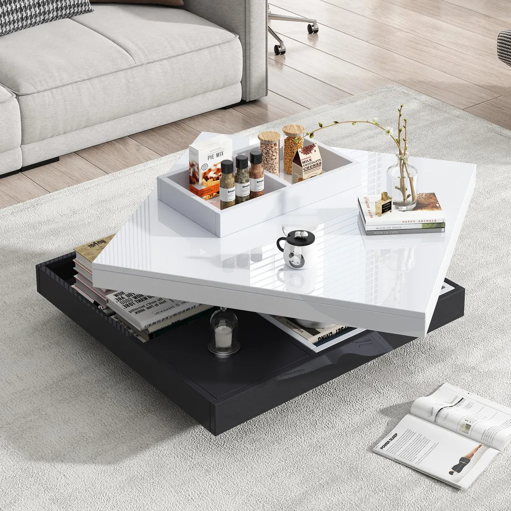 Table Basse Pivotante à 360 Degrés avec Compartiment de Stockage Blanc - 2