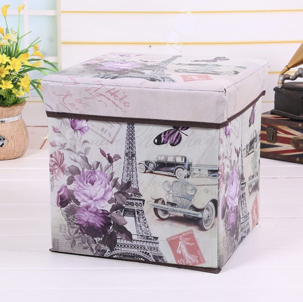 Faltbar Sitzhocker Sitzbank Aufbewahrungsbox Sitzwürfel Truhe Ottomane Möbel Eifellturm - Vintage