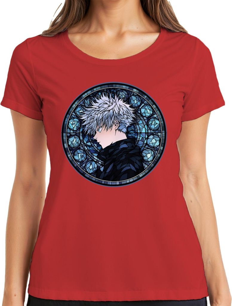 Anime weißes Haar Seitenprofil Buntglas Kreis düster Geschenk Damen T-Shirt, Rot, XXL