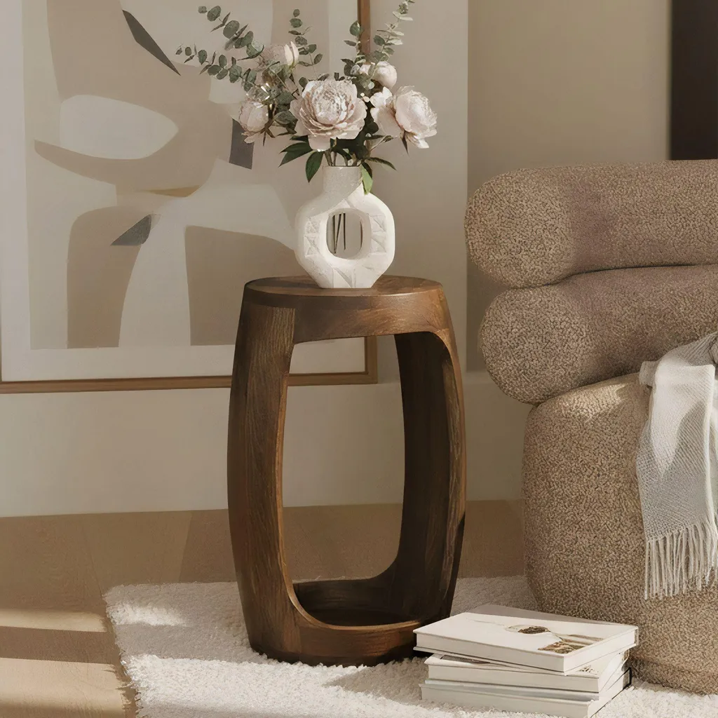 Table d'appoint FineBuy en bois massif de manguier ronde 30 cm