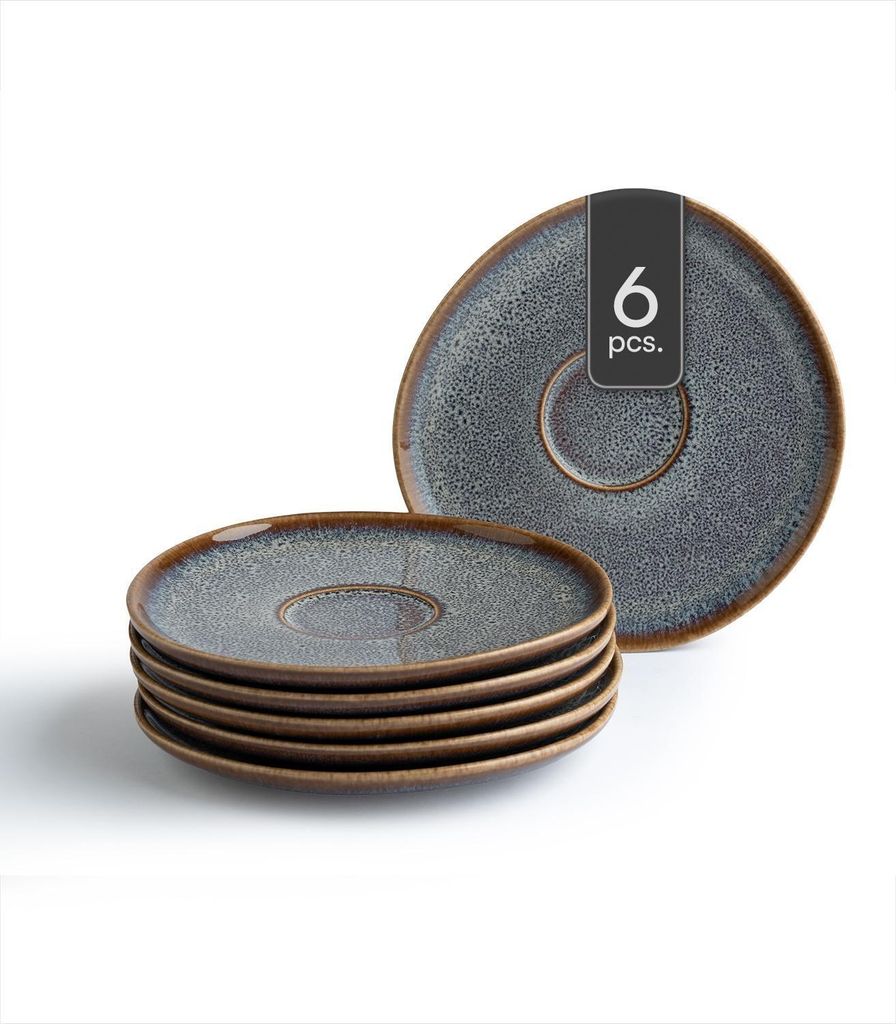Kaffee-Untertassen - Ø 15 cm - Beige - Grau - mit Reaktivglasur - 6er Set