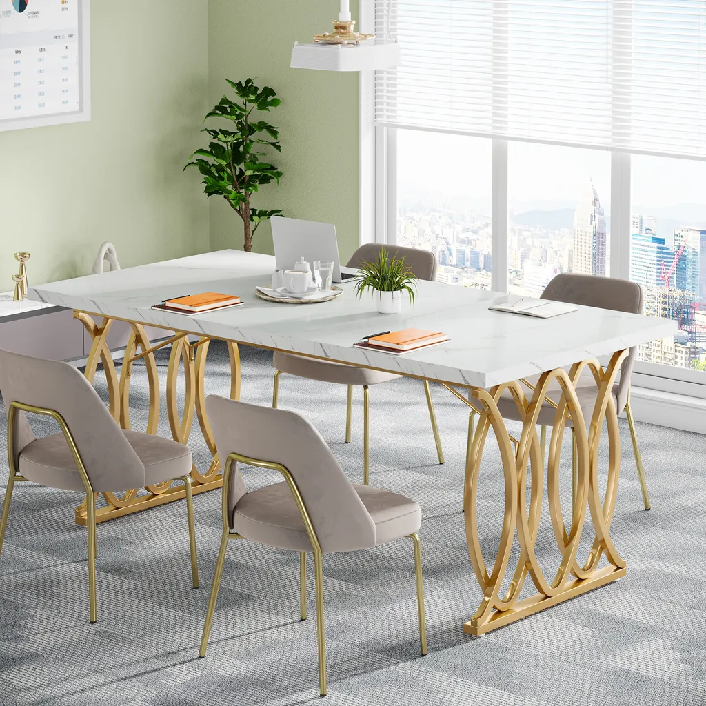Table salon rectangulaire blanche et or 160 x 80 cm, design chic - 7