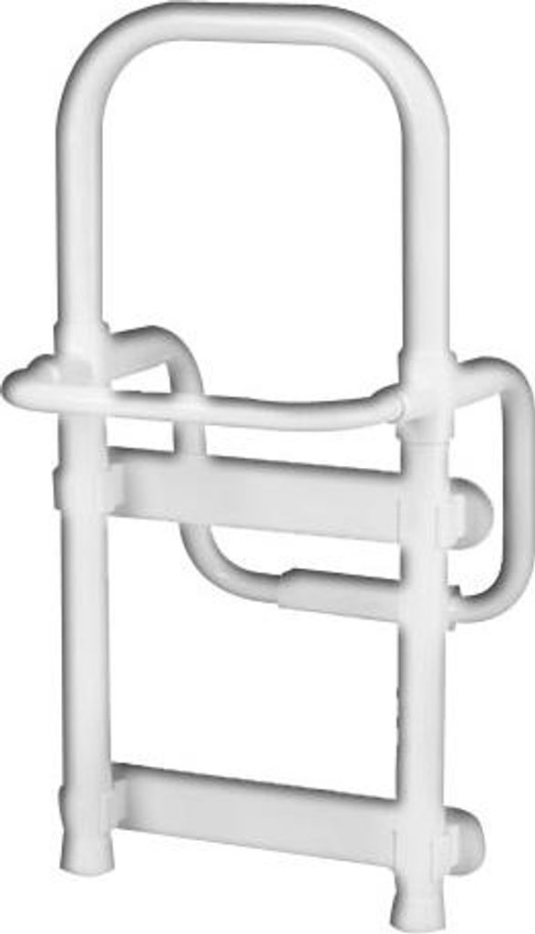A white bathtub grab bar is shown against a white background.