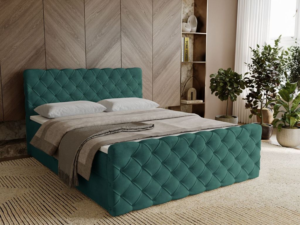 GrainGold Boxspringbett Lunaris 160x200 - Bett mit Matratze und Topper - Boxspringbett mit Bettkasten und Matratze - Boxspringbett Grün (Elegance...