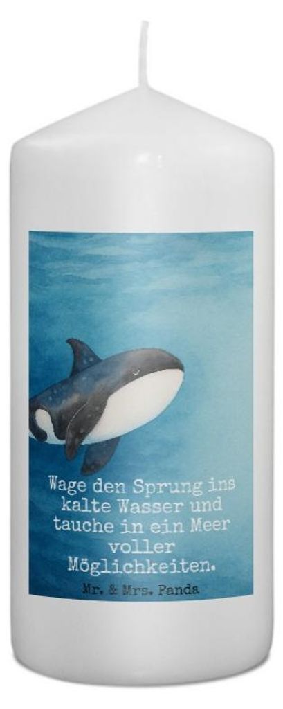 Mr. & Mrs. Panda Kerze Orca Design 15 x 7 cm - Weiß - Geschenk, Erinnerungskerze, Stumpenkerze, Büro, Arbeit, Wachskerze, Wal, Blockkerze, Meer, ...