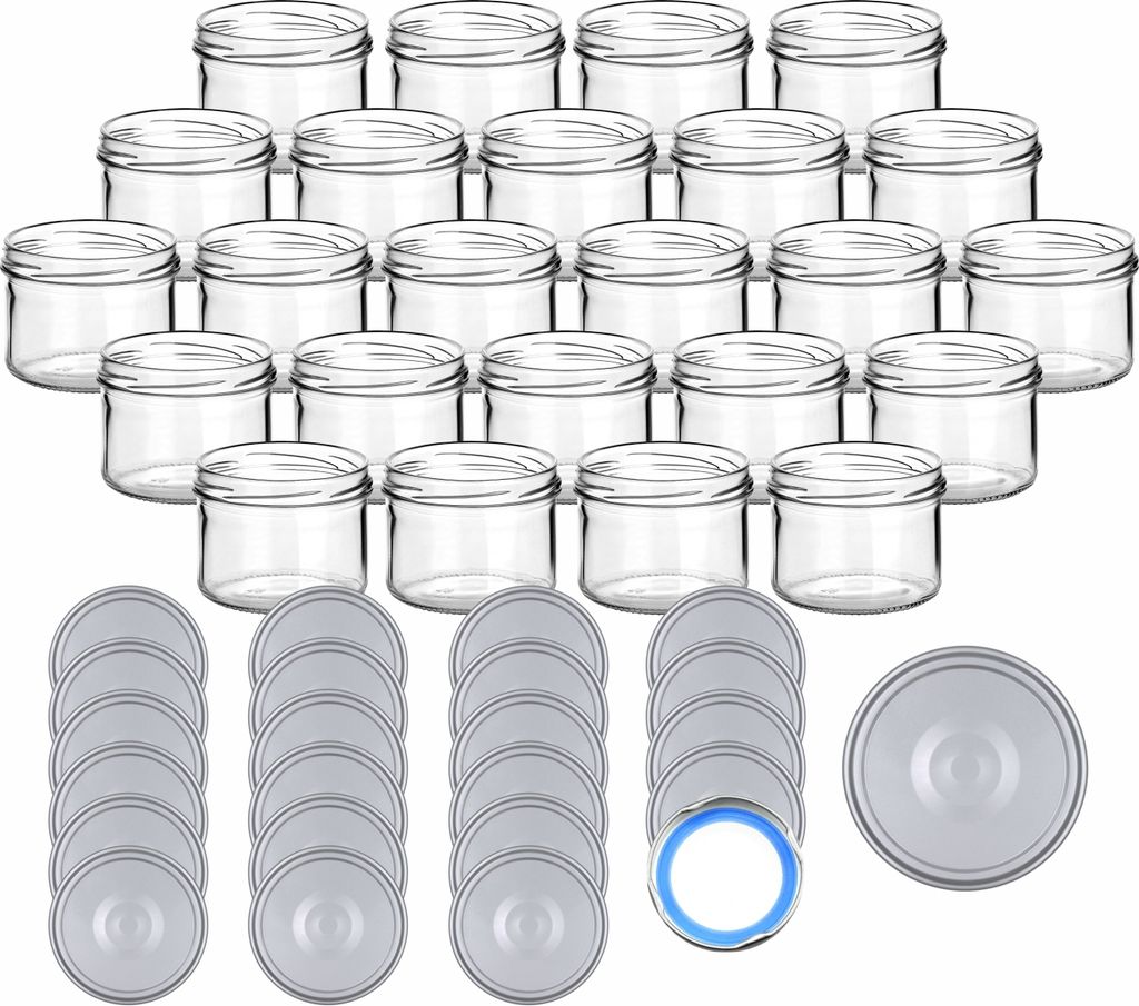 gouveo 24er Set Einmachgläser 230 ml rund mit Schraub-Deckel silberfarben BS - Vorratsgläser mit Drehverschluss TO82 - Marmeladenglas, Schraubglas