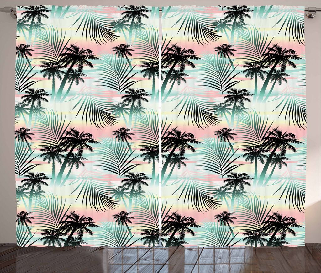 ABAKUHAUS Hawaii Rustikaler Gardine, Sommer Palmen Farn, Schlafzimmer Kräuselband Vorhang mit Schlaufen und Haken, 280 x 225 cm, Mehrfarbig
