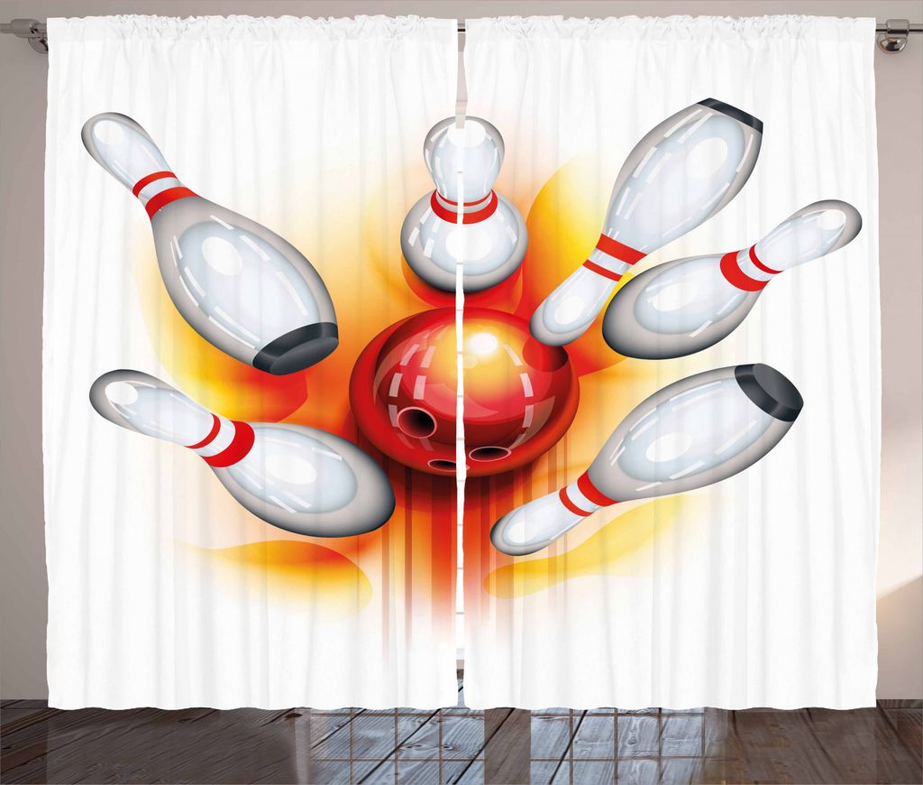 ABAKUHAUS Bowling Rustikaler Gardine, Red Ball Spread-Pins, Schlafzimmer Kräuselband Vorhang mit Schlaufen und Haken, 280 x 245 cm, Rot Orange Weiß
