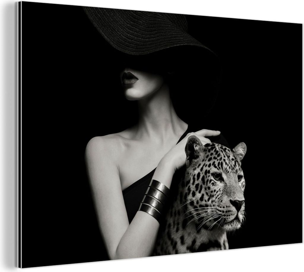 MuchoWow Wanddekoration Metall Metallbild Wandkunst 30x20 cm Frau - Leopard - Luxus - Schwarz - Weiß - Tier MuchoWow Aluminium Gemälde - Aluminiu...