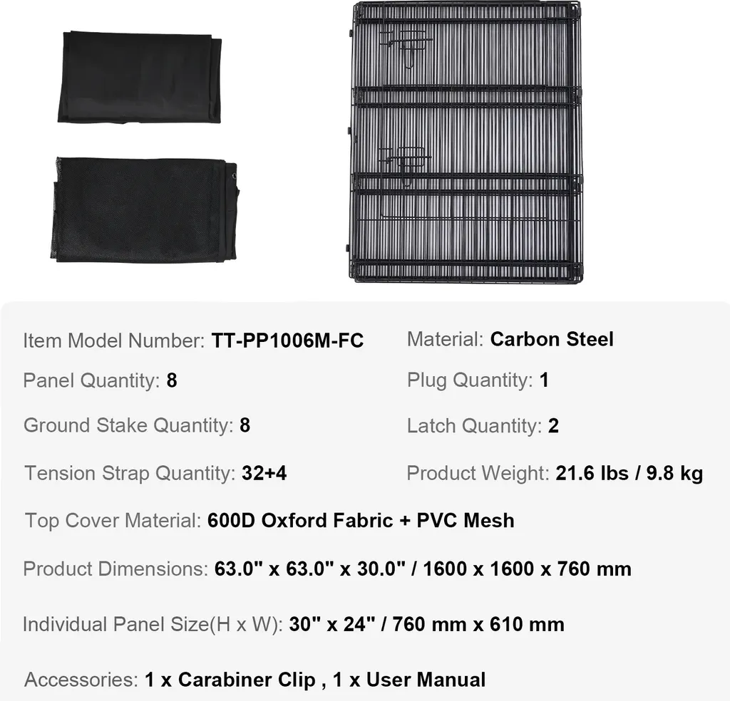 Enclos de jeu pour chiens 8 panneaux 30x24in en métal noir robuste