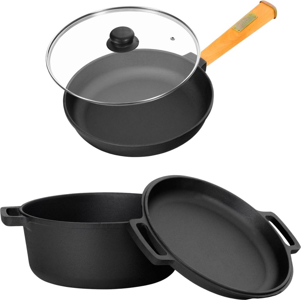 Gusseisen Set Ø28 cm Topf Gusseisentopf Deckel-Bratpfanne Kochtopf Bratpfanne Glasdeckel Brotbacken Brotbackform alle Herdarten inkl. Induktion