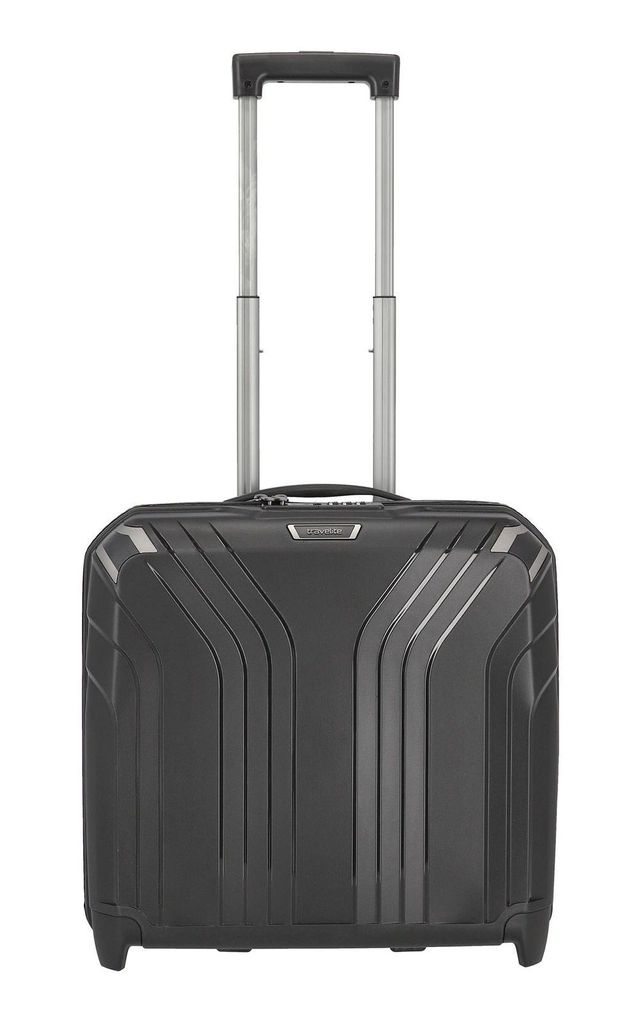 A black rolling suitcase with a telescopic handle is shown against a white background.