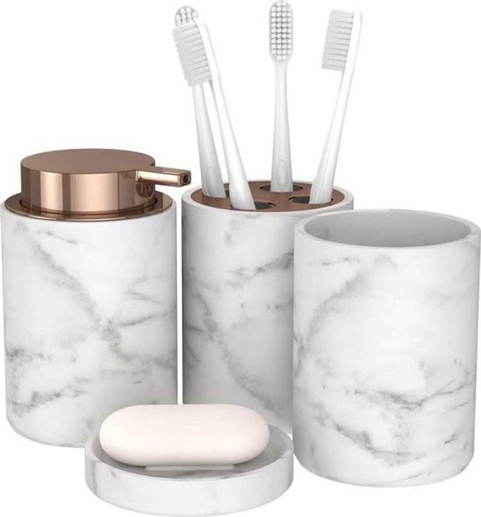 Badezimmerset 4-teilig mit Zahnputzbecher - Seifenschale und Seifenspender - Marmoroptik (Weiß mit Kupfer) - Accessoire-Set - Badaccessoires