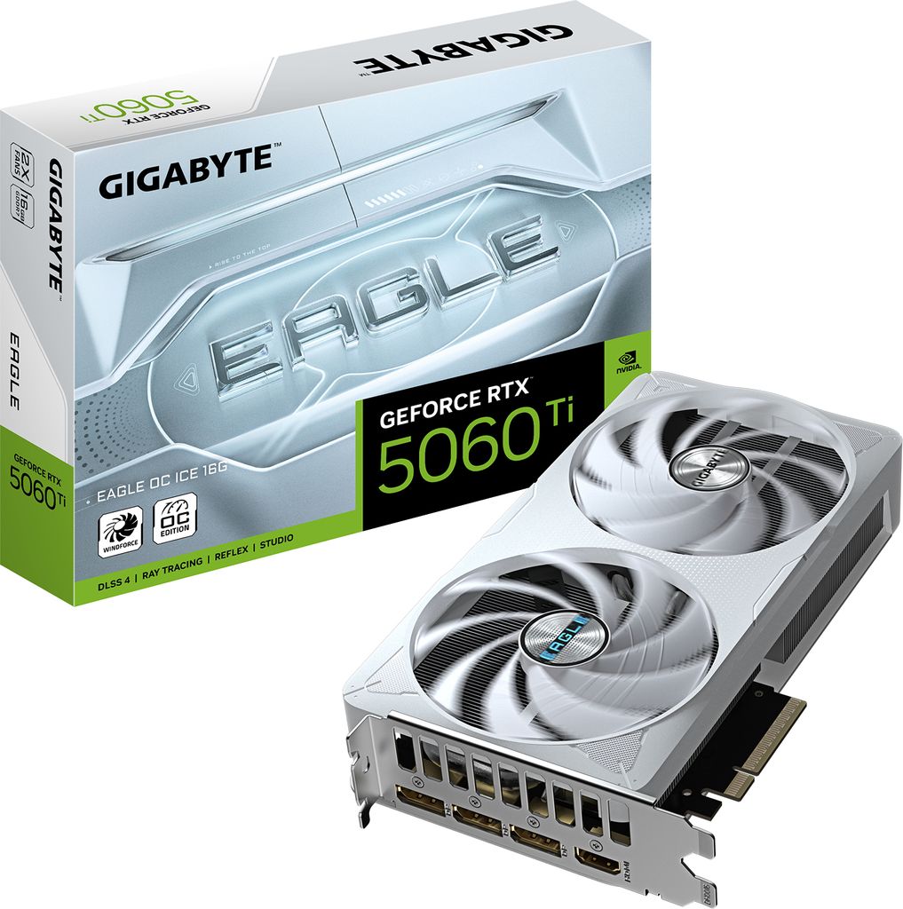 GIGABYTE GeForce RTX 5060 Ti EAGLE OC ICE 16G Grafikkarte - 16GB GDDR7, 128bit, PCI-E 5.0, 2617MHz Core Clock, 3 x DisplayPort, 1 x HDMI, GV-N506TE...