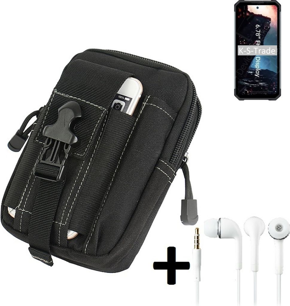 K-S-Trade Gürteltache + Kopfhörer kompatibel mit Oukitel WP17 Gürtel Tasche Holster Schutz Hülle Handy Hülle schwarz inkl. Extrafächer